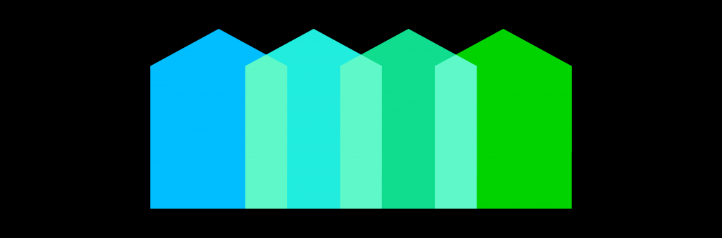 Inclusionary Zoning banner: Overlapping blue and green house icons over a solid black background