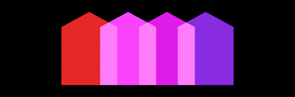 Inclusionary Zoning banner: Overlapping red, pink and purple house icons over a solid black background