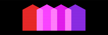 Inclusionary Zoning Graphic: Overlapping red, pink and purple house icons over a solid black background