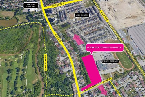 Map showing the location of the proposed Western North York Community Centre on Starview Lane at Weston Road