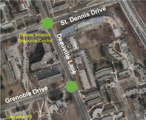 Map showing intersection of Deauville Lane at St. Dennis Drive and Grenoble Drive