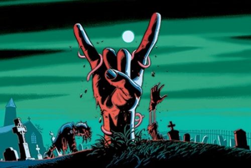 illustration. hand, pinky, forefinger held up. green background, cemetery imagery.