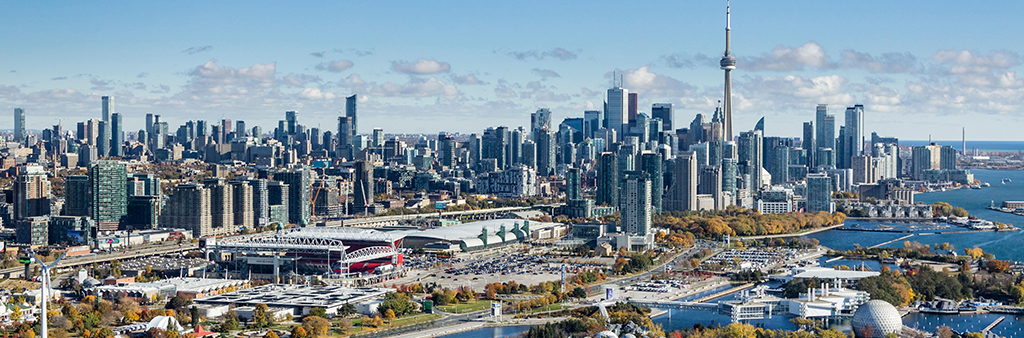 View east toward the Exhibition Place lands, with Toronto's Downtown beyond