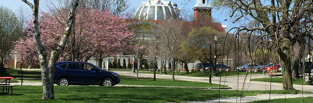 Exhibition Place green space, viewing northeast toward the Arts and Crafts Building.