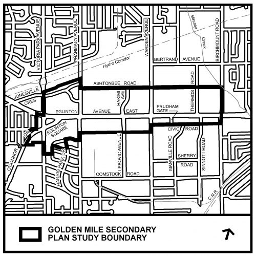 Map showing boundaries of the Golden Mile Secondary Plan Study area
