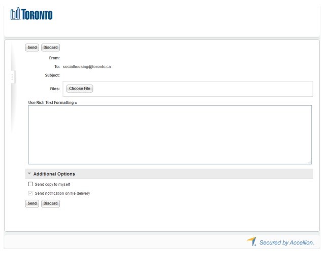 Screenshot of Secure File Transfer Window. This includes City of Toronto blue logo, send and discard buttons, from, to and subject lines, a choose file button as well as additional options including send a copy to myself, sned notification on file delivery and send and discard buttons