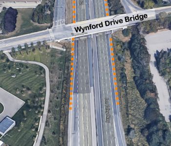 Map showing updated traffic impact of DVP bridge rehabilitation at Wynford Drive Bridge. Crews completed stage 1 work ahead of schedule and all lanes have now reopened. Traffic staging is now set up on the shoulders in preparation for Stage 2 construction. 