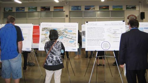 Participants viewing display boards at the Keele Finch Plus public consultation