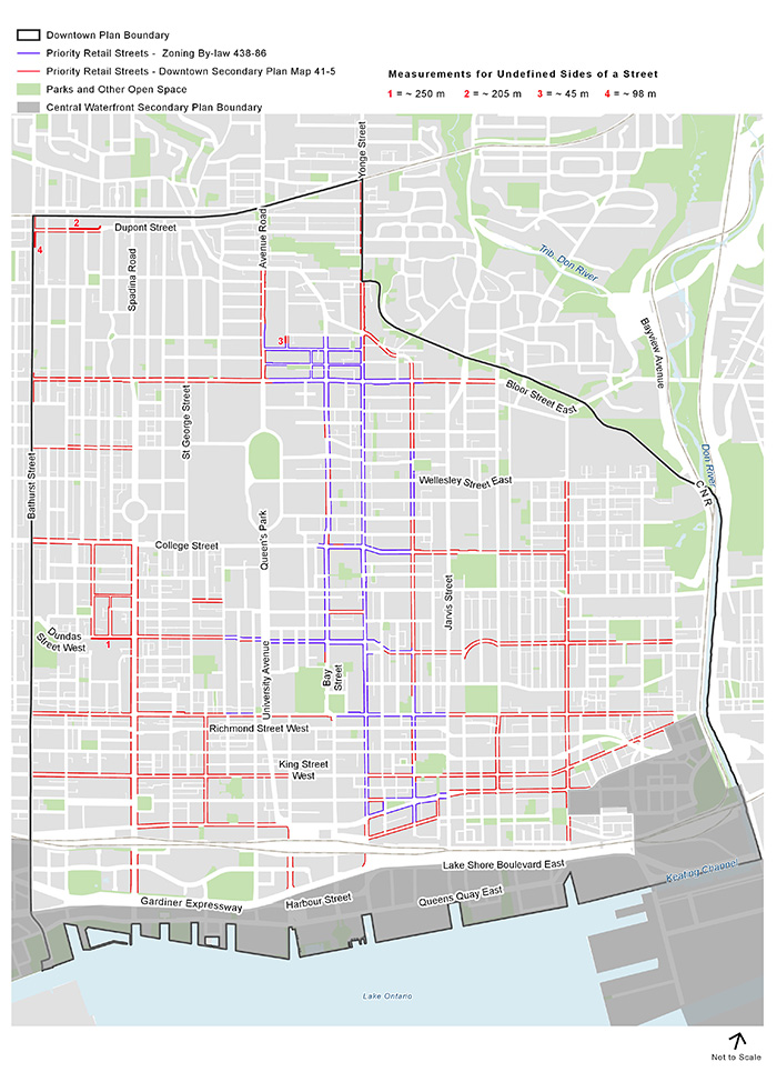 The Downtown Plan Study Area in which the Priority Retail Streets are located within is bounded by Lake Ontario to the south, Bathurst Street to the west, the mid-town rail corridor and Rosedale Valley Road to the north and the Don River to the east.