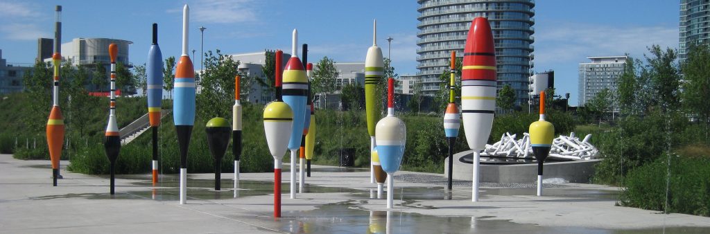 large scale colourful fishing bobbers as sculpture