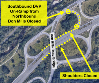 Map detailing Stage 2 construction traffic staging at Don Mills Road Bridge. Shoulders of DVP will be closed around Don Mills Road Bridge and the southbound DVP on-ramp from northbound Don Mills Road will be closed
