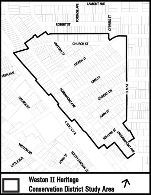 Study Area for Weston II HCD. With Church Street in the North, Elm Street in the East, Rosemount and the railway in the southwest