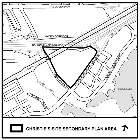 Formerly the site of the Mr. Christie factory. The current study area is bounded by The Gardiner Expressway to the north; Lake Shore Boulevard West to the east and southeast; and, Park Lawn Road to the west and southwest.