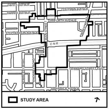 Map of Main Street Planning Study Area highlighting Main Street, between Danforth Avenue and Gerrard Street East