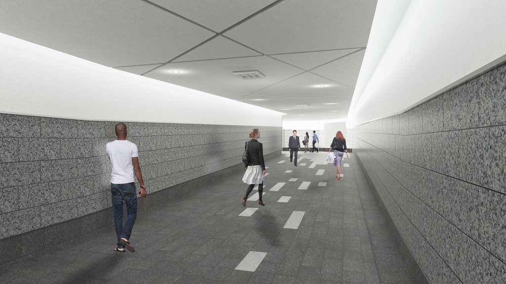 Artist rendering shows people walking through the future York St. expansion of the PATH