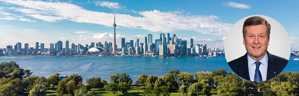 Toronto skyline from Toronto Islands and Mayor Tory's headshot