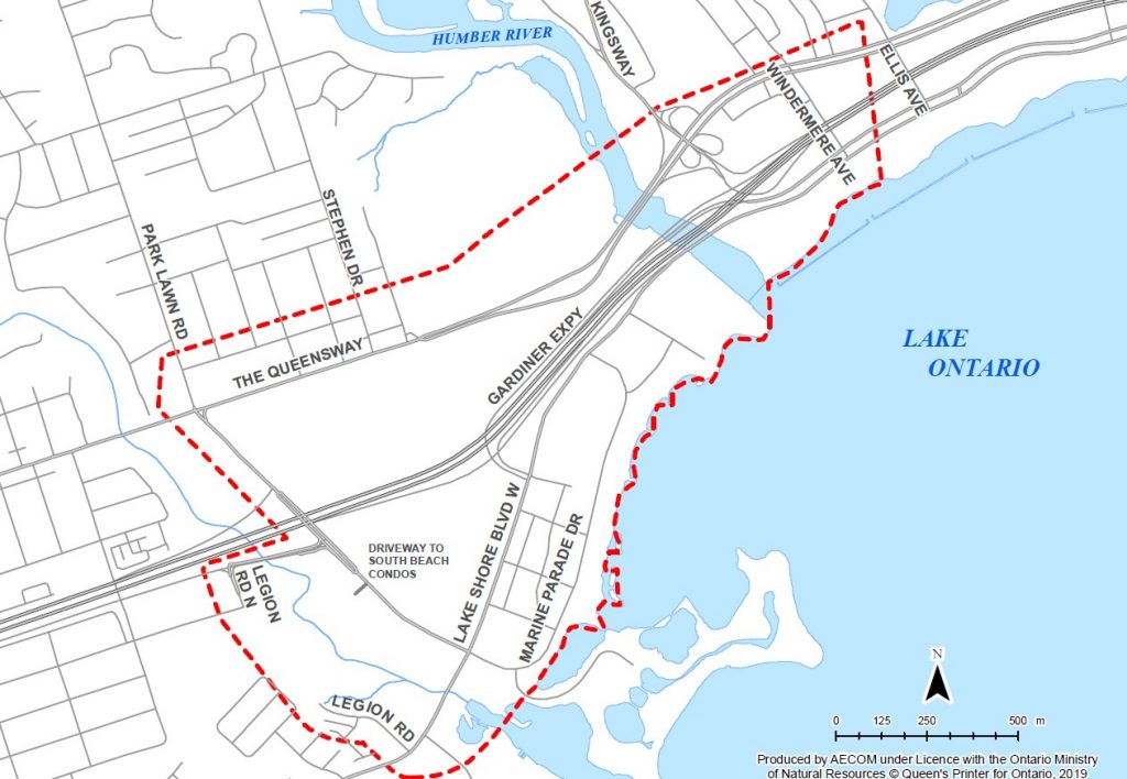 Map of study area -The study area is between Ellis Avenue, Legion Road, The Queensway, and Lake Ontario, and accounts for movement through this area coming from all directions.