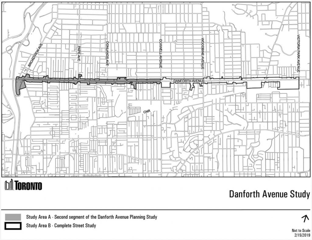 Map showing the Danforth Avenue Planning and Complete Street study area, between Broadview Avenue and Victoria Park Avenue