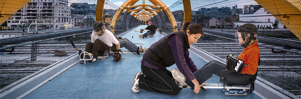 Composite image of children trying out sledge equipment superimposed on the Puente de Luz, the pedestrian bridge crossing the railway corridor south of Front Street. Image taken from the City of Toronto Sport Plan.