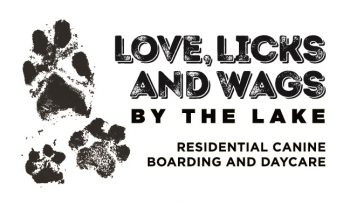 Love, Licks and Wags by the lake - residential canine boarding and day care - logo. Image of pawprints