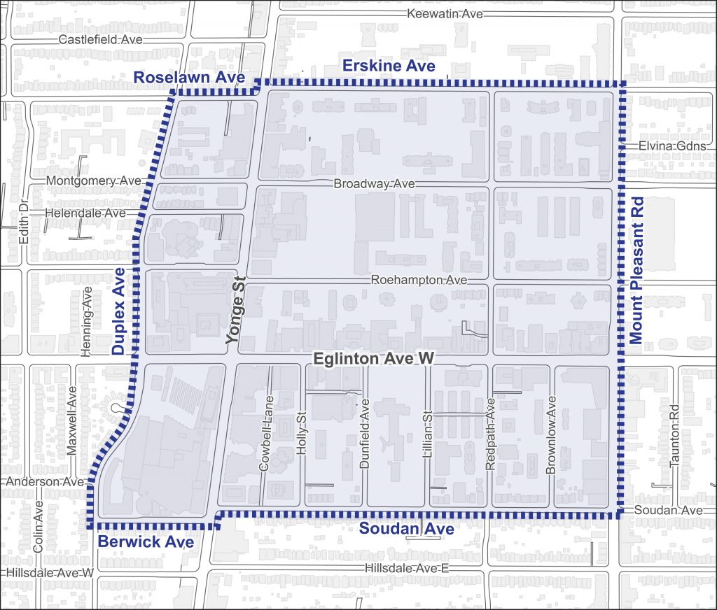 The boundaries of the Yonge and Eglington Construction Hub are Roselawn/Erskine Avenue to the north, Mount Pleasant Road to the east, Soudan/Berwick Avenue to the south, and Duplex Avenue to the west.