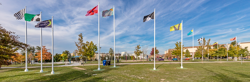 12 flag poles on a park field comprise a public art work by artist John Thorpe