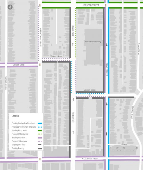 map of study area showing locations of proposed bike facilities, proposed sharrows from dewson to roxton, proposed contraflow bike lane from dewson to dewson and proposed bike lane from Roxton to shaw