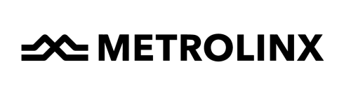 Metrolinx Logo: Image of 2 tracks in the shape of an 'M' with the word Metrolinx beside it