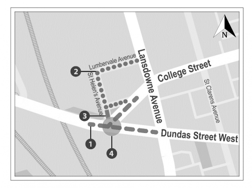 Map of project area showing planned street car track replacement at the intersection of College Street and Dundas Street West, planned road reconstruction on Lumbervale Avenue, St. Helens Avenue and College Avenue north segment, proposed closure of sement of St. Helens Avenue at College Street, and proposed signalized intersection at College Street and Dundas Street West.