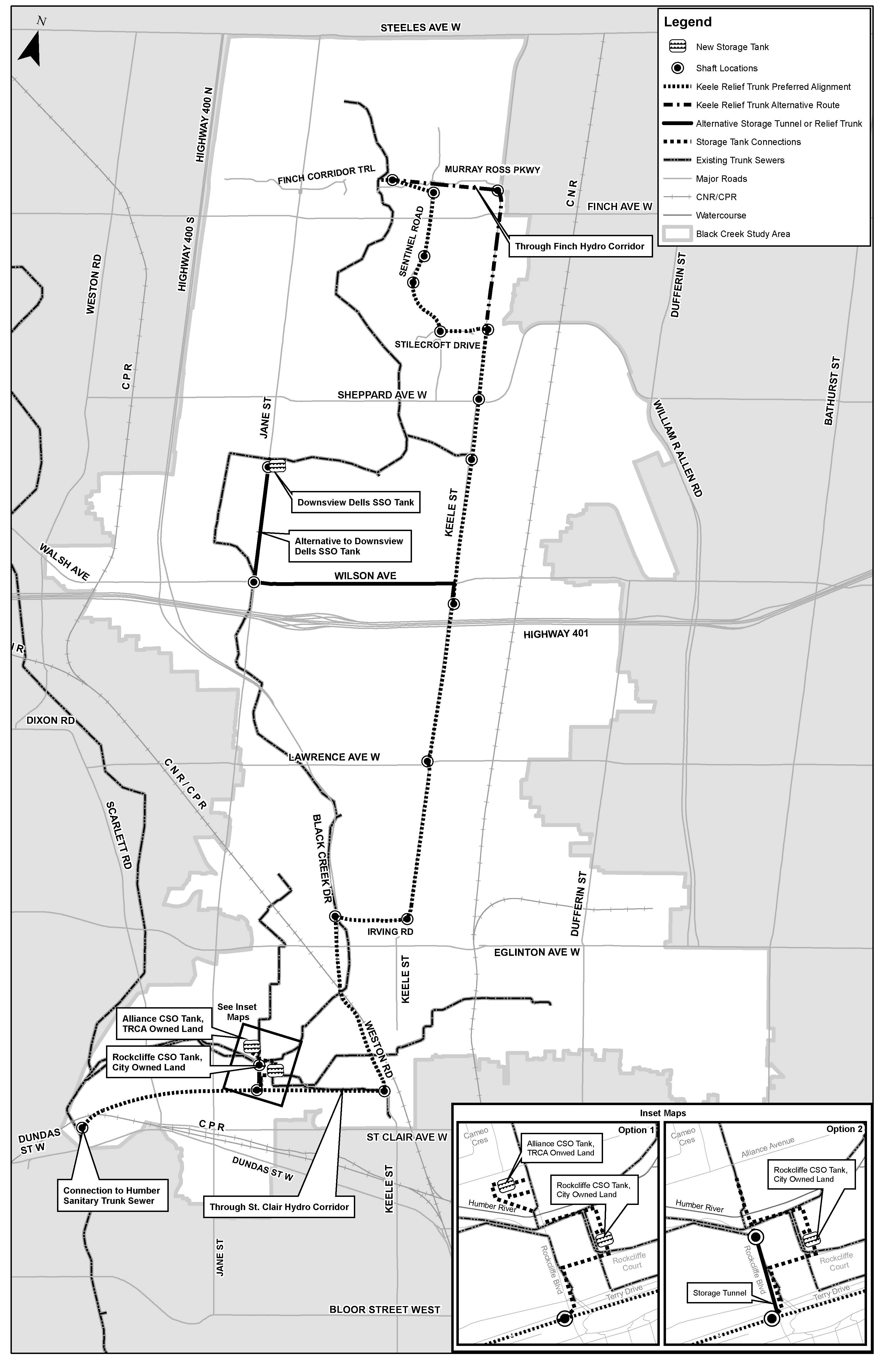 Black Creek Sanitary Trunk Sewer Study Area Map from Steeles Avenue West to St. Clair Avenue West and Scarlett Road to Dufferin Street.