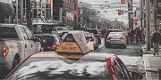 Photo of cars, including a taxi, at a red light stop on Spadina Avenue.