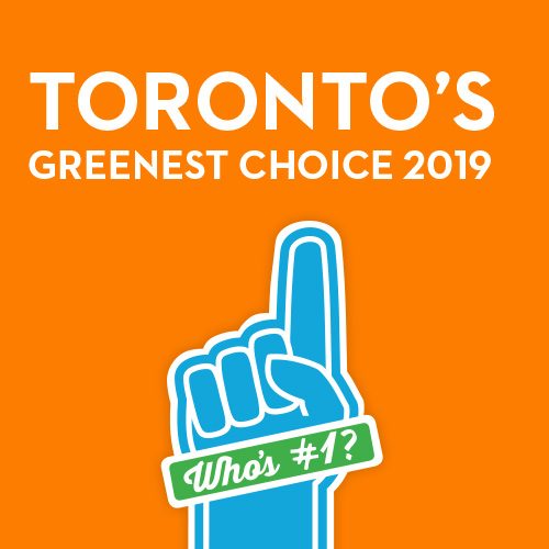 Toronto’s Greenest Choice on an orange background and blue hand with text: Who’s number 1?