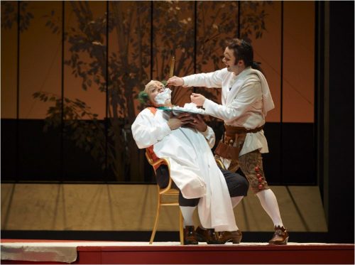 Scene from The Barber of Seville. Barber shaving another performed sitting in chair.