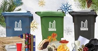 Holiday themed Blue Bin, Green Bin & Black Bin. Image depicts what type of waste should go where.
