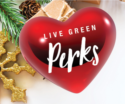 Heart ornament with words Live Green Perks