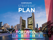 View of City Hall with water fall and Toronto sign in front. Corporate Strategic Plan title overlaid on top of image.