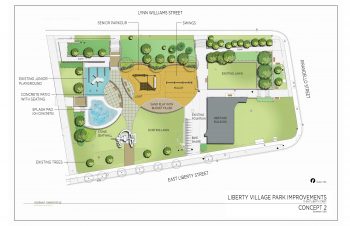 Concept 2 site plan drawing showing existing and proposed features and amenities of Liberty Village Park.