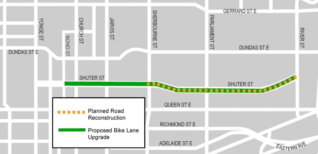 Map of Toronto downtown east showing location of planned road reconstruction from Sherbourne Street to River Street and location of proposed bike lane upgrade from Bond Street to River Street