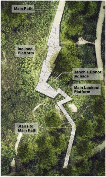 Artist rendering showing an aerial view of the proposed lookout. An inclined platform leads from the main path to the main lookout platform. The lookout platform has a seating bench and donor signage. On the opposite side of the platform is a set of stairs leading down to another part of the main path.