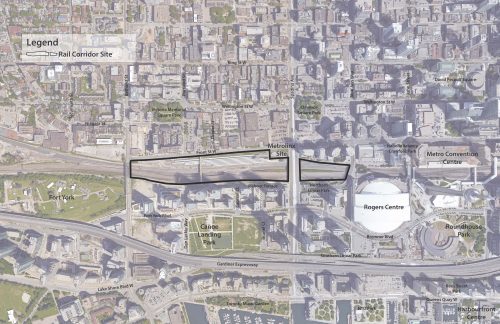 Aerial image of downtown Toronto showing where Rail Deck Park will go.