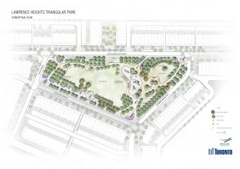 The map shows an illustration of Triangular Park from an aerial view. The park is bordered by Green Gardens Boulevard, Lawrence Heights Way, Deep Roots Terrace and Hooyo Terrace. The concept map shows park entrances at all four corners of the park with pathways connecting the entrances at a central point in the park that includes a playground, seating and shade structure. The north east corner of the park features a garden with a garden wall, and the west side of the park features an open green space. Trees, shrubs and other plantings border the park on all sides.