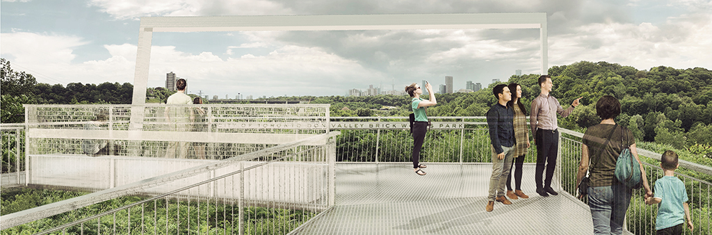 Artist rendering of the proposed lookout showing a view of the downtown skyline and the Don Valley Brick Works park below.