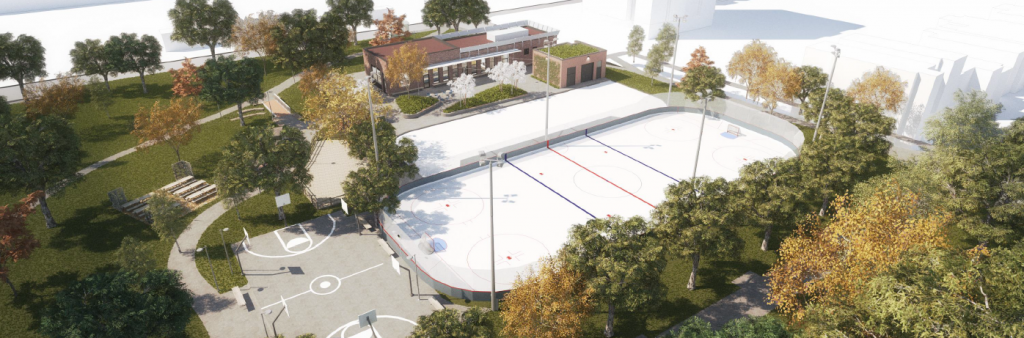 Artist rendering of the new facilities proposed for the northwest corner of Dufferin Grove Park. Park features include: clubhouse, outdoor ice rinks and basketball court.