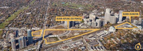 Aerial map showing the boundaries of the Etobicoke Centre Block Context Plan outlined in yellow