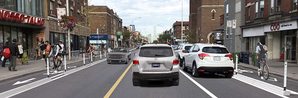 Artist rendering of the proposed Bloor West Bikeway Extension with cyclists in bike lanes, cars in travel lanes and parked cars