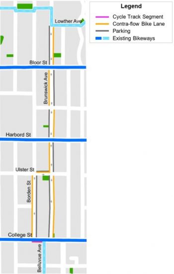 Map of existing bikeways, parking, contra-flow bike lanes and cycle track segments. 