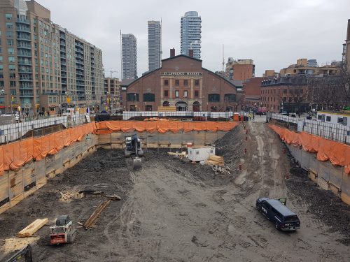 Exterior view showing St. Lawrence Market showing shoring and excavation work.