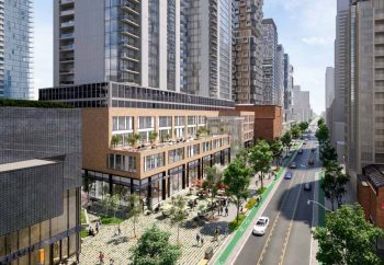 Rendering looking east down Eglinton towards Mt Pleasant showing the proposed Greenline
