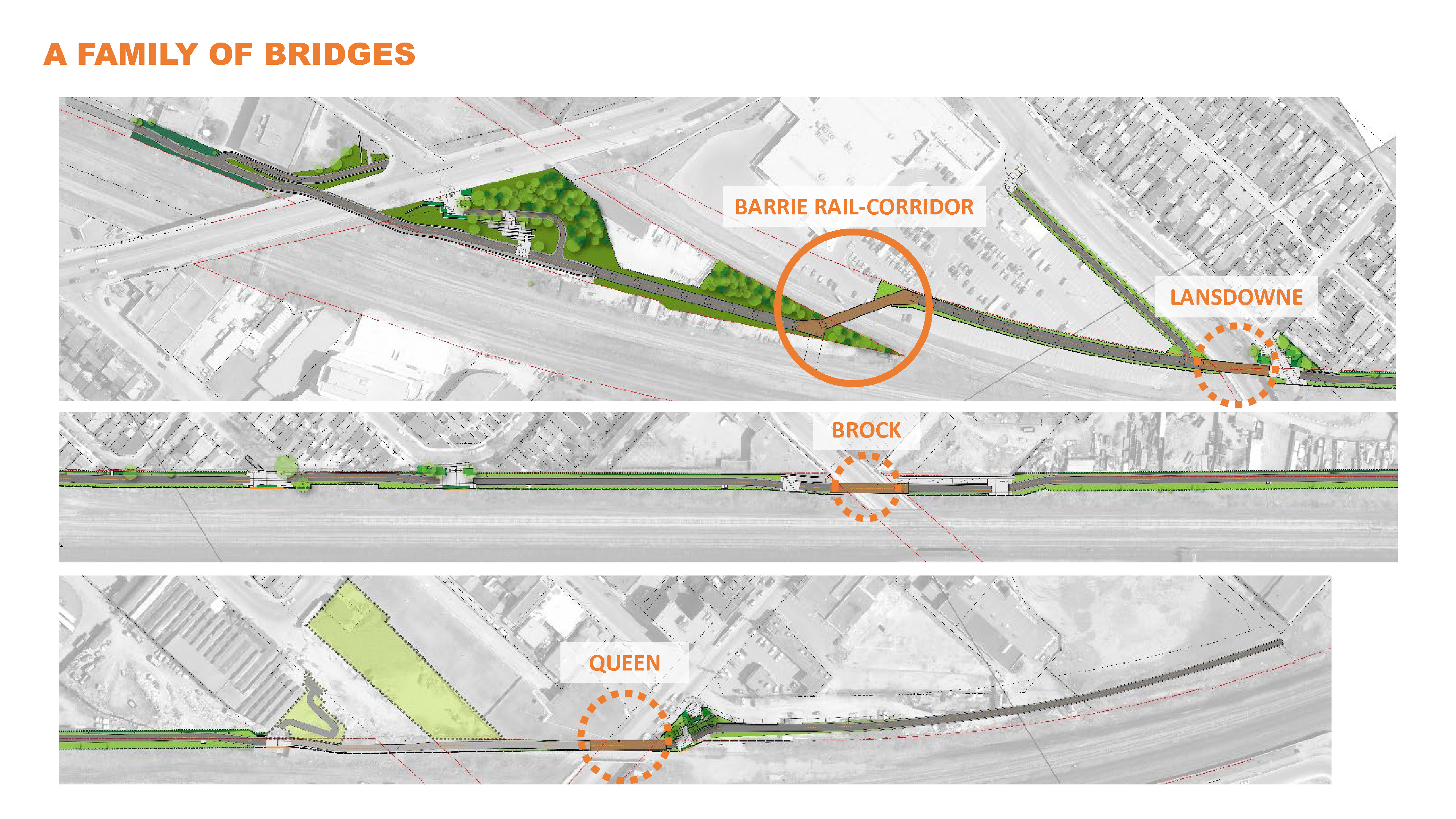 Locations of the new bridges along the West Toronto Railpath Extension