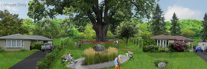 Conceptual rendering of the oak tree parkette.